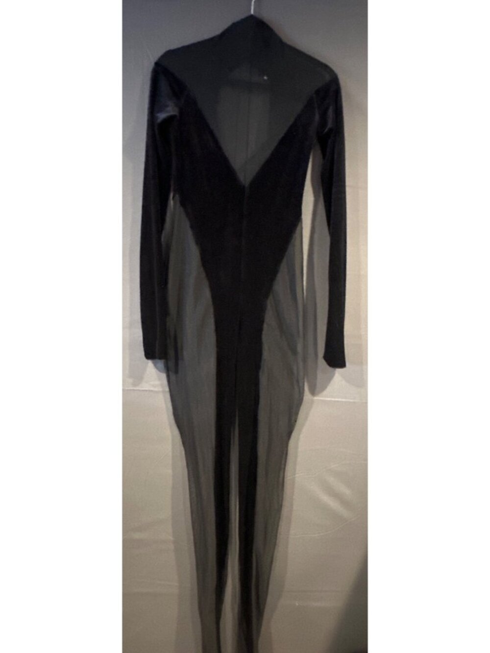 LaQuan Smith Womens M Black Velvet Sheer Mesh Catsuit Ankle Zippers Goth Witchy